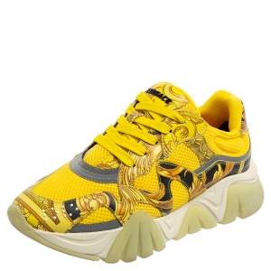 Versace Multicolor Leather And Mesh Flower Print Fur Lace Up Sneakers Size 38