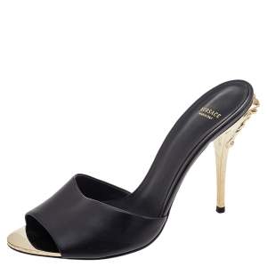 Versace Black Leather Medusa Heel Slide Sandals Size 40