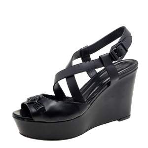 Versace Black Leather Wedge Criss Cross Platform Sandals Size 39