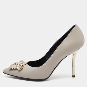 Pre Owned Versace Grey Leather Medusa Pointed Toe Pumps Size 36.5