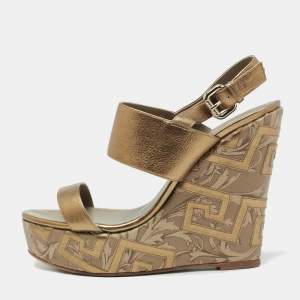 Versace Metallic Gold Leather Wedge Platform Sandals Size 40