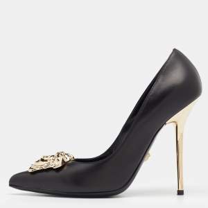 Pre Owned Versace Black Leather Medusa Embellished Pointed Toe Pumps Size 38