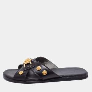 Versace Black Medusa Logo Embellished Leather Slide Sandals Size 40
