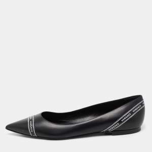 Versace Black Leather Logo Tape Detail Pointed Toe Ballet Flats Size 38.5