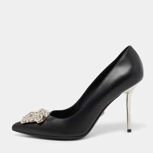 Pre Owned Versace Black Leather Palazzo Pointed Toe Pumps Size 38