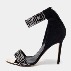 Versace Black Suede Crystal Embellished Ankle Cuff Sandals Size 39