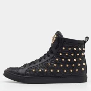 Pre Owned Versace Black Quilted Leather Medusa Studded High Top Sneakers Size 37.5