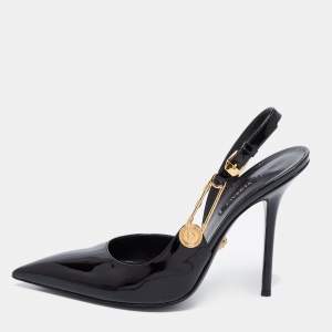 Pre Owned Versace  Black Patent Leather Safety-Pin Ankle Strap Pumps Size 40 