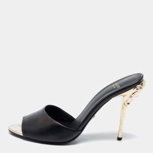 مملوكة مسبق�ًا Versace Black Leather Medusa Heel Slide Sandals Size 38