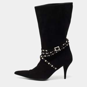 Pre Owned Versace Black Suede Studded Mid Calf Boots Size 38