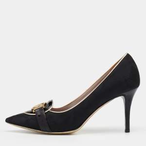 Pre Owned Versace Black Fabric And Patent Leather Medusa Pointed Toe Pumps Size 38.5