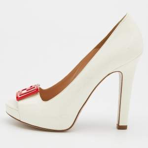 Versace White Patent Leather Embellished Peep Toe Pumps Size 37