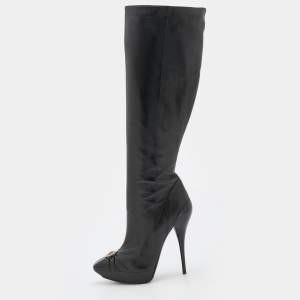 Pre Owned Versace Black Leather Thigh High Platform Boots Size 38.5