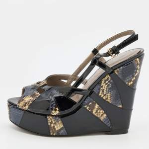 Versace Multicolor Patent and Snakeskin Leather Platform Wedge Sandals Size 38