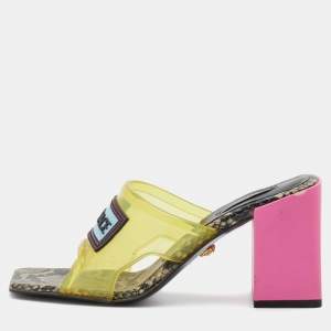 Versace Green PVC Logo Square Toe Block Heel Slide Sandals Size 38