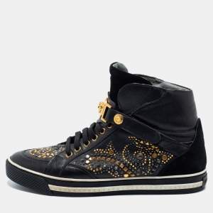 Versace Black Studded Leather and Suede Medusa Buckle High Top Sneakers Size 40