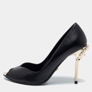 Versace Black Leather Peep Toe Medusa Heel Pumps Size 35.5