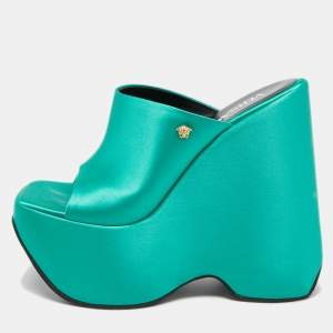 Versace Green Satin Triplatform Wedge Mules Size 38.5