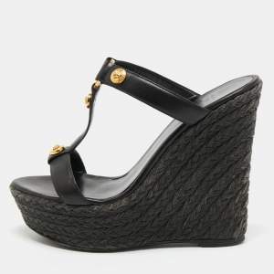 مملوكة مسبقًا Versace Black Leather Embellished Wedge Sandals Size 38