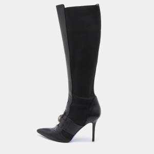 Pre Owned Versace Black Stretch Fabric and Leather Knee Length Boots Size 41