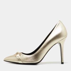 Versace Metallic Gold Leather Medusa Detail Pointed Toe Pumps Size 38