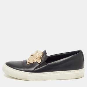 Versace Black Leather Palazzo Medusa Slip On Sneakers Size 38