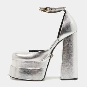 Versace Silver Leather Medusa Aevitas Ankle Strap Platform Pumps Size 38.5