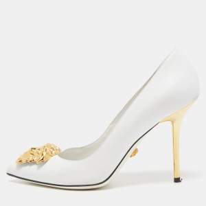 Versace White Leather Medusa Pointed Toe Pumps Size 37