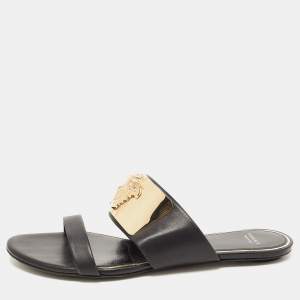 Versace Black Leather Medusa Detail Flats Slides Size 38