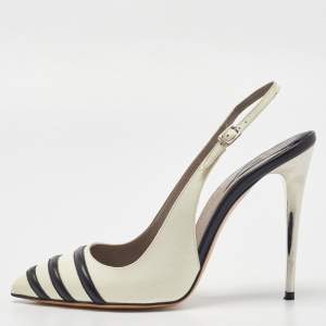 Pre Owned Versace Off White/Black Patent and Leather Slingback Pumps Size 39