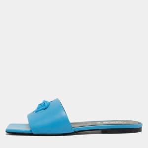 Versace Blue Leather Medusa Motif Flat Slides Size 35