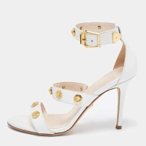 Versace White Leather Studded Medusa Ankle Strap Sandals Size 37