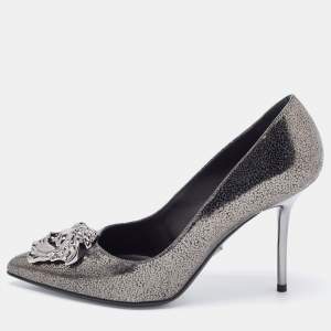 Versace Dark Grey/Black Leather Medusa Pointed Toe Pumps Size 37
