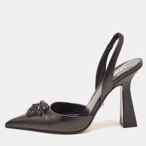 Versace Black Leather La Medusa Slingback Pumps Size 37.5