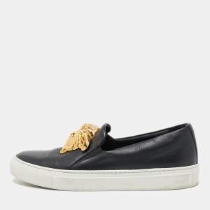 Versace Black Leather Palazzo Medusa Slip-On Sneakers Size  37