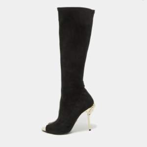 Pre Owned Versace Black Suede Open Toe Knee Length Boots Size 41