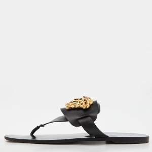 Versace Black Leather Medusa Detail Thong Flats Slides Size 39