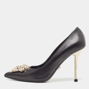 Pre Owned Versace Black Leather Medusa  Pointed Toe Pumps Size 37
