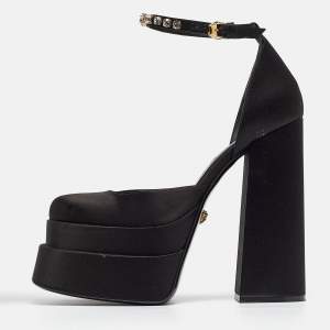Versace Black Satin Crystal Embellished Ankle Strap Pumps Size 38.5  