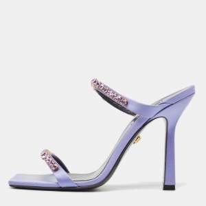 Versace Purple Satin Crystal Embellished Square Toe Slide Sandals Size 40