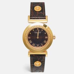 Pre Owned Versace Brown Gold Plated Stainless Steel Leather Vanity P5Q Women's Wristwatch 35 mm