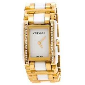 Versace White Ceramic Gold Stainless Steel Diamonds Era 70Q Women's Wristwatch 24 mm