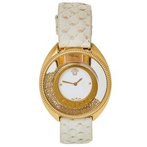 Pre Owned Versace White Gold Plated Stainless Steel Python Leather Destiny Spirit 86Q Women's Wristwatch 39 mm