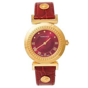 Versace Red Gold Plated Stainless Steel & Leather Vanity P5Q Women's Wristwatch 35 mm
