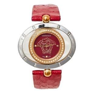 Versace Red Two Tone Stainless Steel Leather Diamond Eon Ellipsis 91Q Women's Wristwatch 32 mm x 40 mm