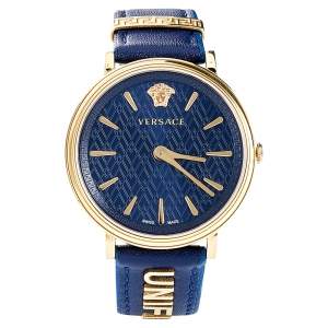 Versace Blue Gold Plated Stainless Steel Leather V-Circle VBP09 0017 Women's Wristwatch 38 mm