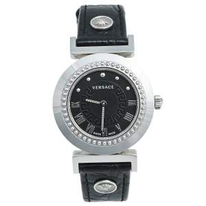Versace Black Stainless Steel Leather Vanity P5Q Women's Wristwatch 35 mm