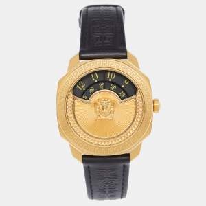 Versace Black Yellow Gold Plated Stainless Steel Leather Dylos VQU Women's Wristwatch 38 mm 