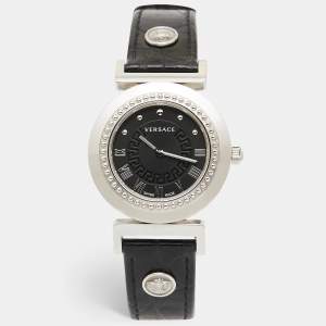 Versace Black Stainless Steel Leather Vanity P5Q Women's Wristwatch 35 mm