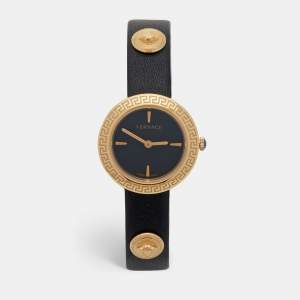 Versace Black Gold Plated Stainless Steel Leather Medusa Stud Icon VERF00318 Women's Wristwatch 28 mm